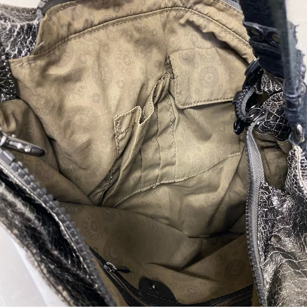 Kipling Women’s Purse Shoulder Bag Hobo Handbag Silver Gold Metallic Futuristic